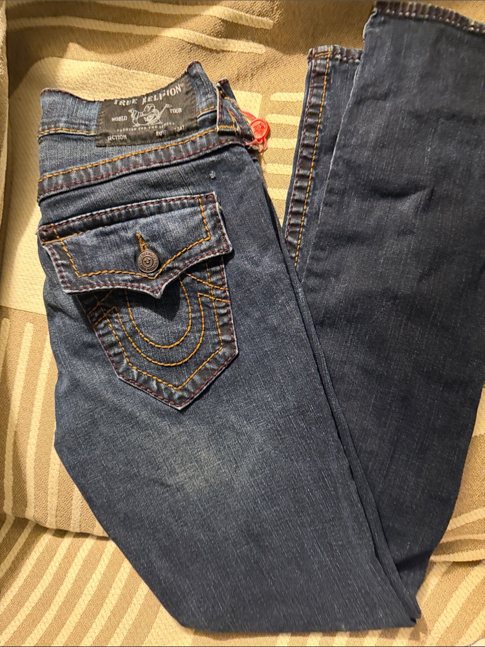 True Religion Women's Indigo Straight Leg Jeans with Contrast Stitching